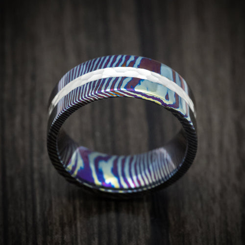 Dominion VI - Kuro-Ti Heat-Treated Titanium Damascus and Silver Men's Wedding Ring Band - view 2 - Nura Lab