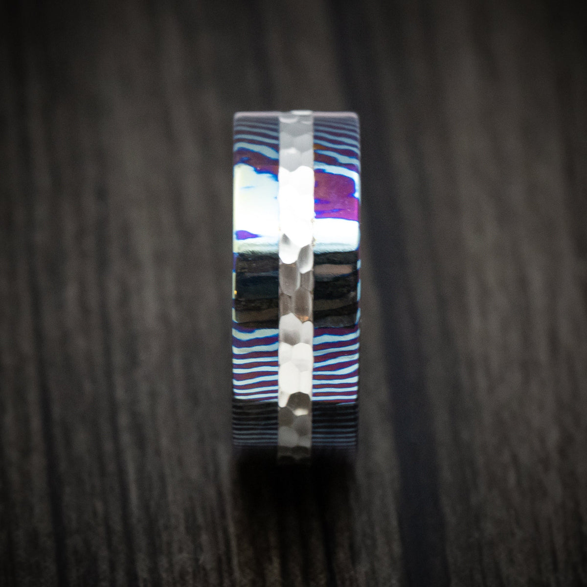 Dominion VI - Kuro-Ti Heat-Treated Titanium Damascus and Silver Men's Wedding Ring Band - view 3 - Nura Lab