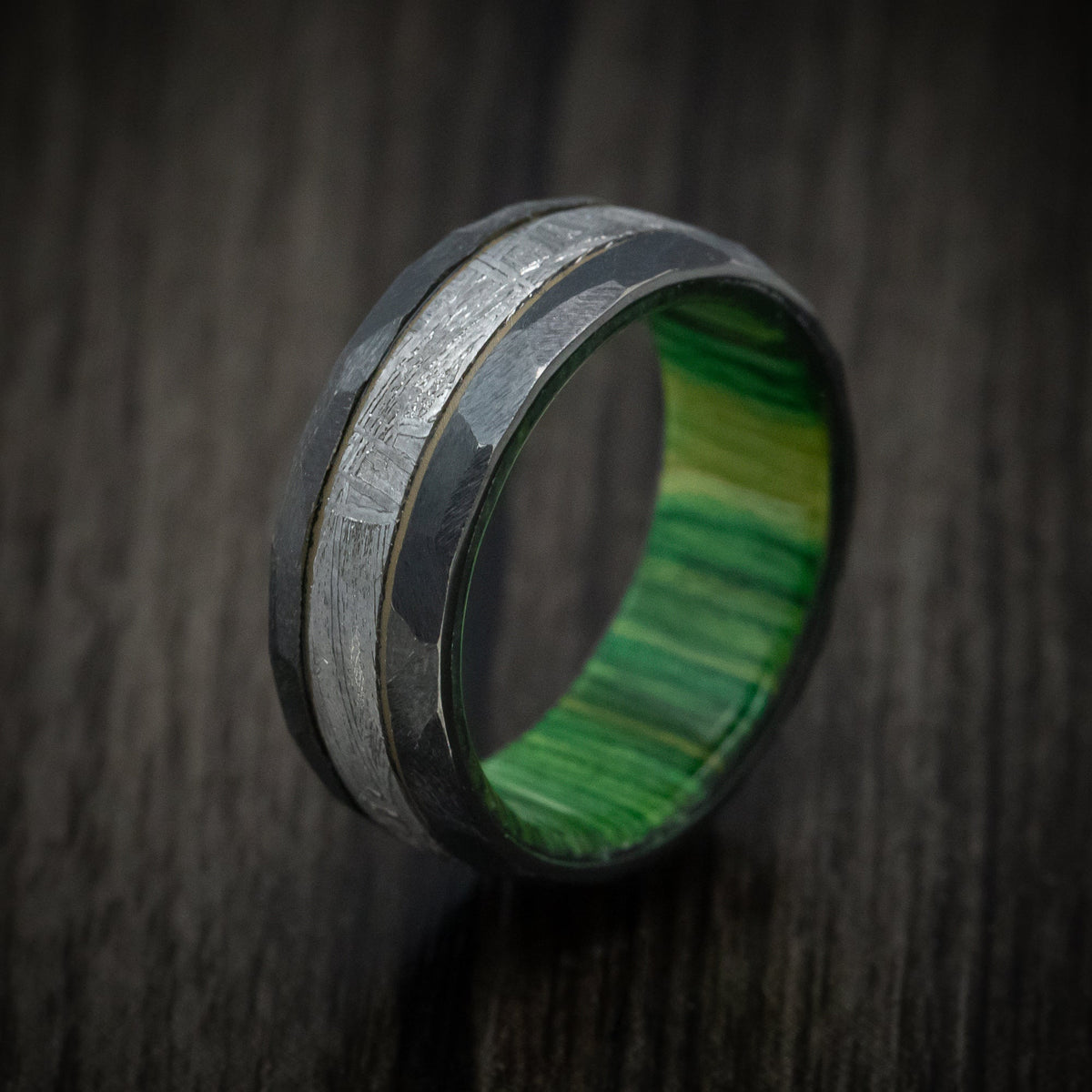 Nomad XIII - Black Zirconium and Meteorite Men's Wedding Ring with Cerakote Accent and Wood Sleeve - view 4 - Nura Lab