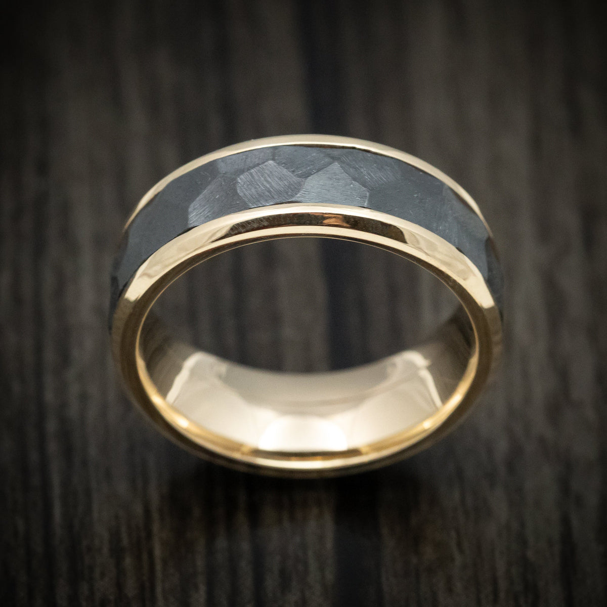 Bastion XVII - Yellow Gold Men's Wedding Ring with Black Zirconium Rock Finish Inlay - view 2 - Nura Lab