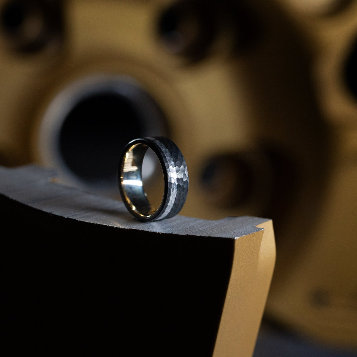 Timber XIV - Darkened Tantalum Wedding Ring with Supercar Ron Authentic Supercar Wheel Inlay and 10K Gold Sleeve - view 8 - Nura Lab
