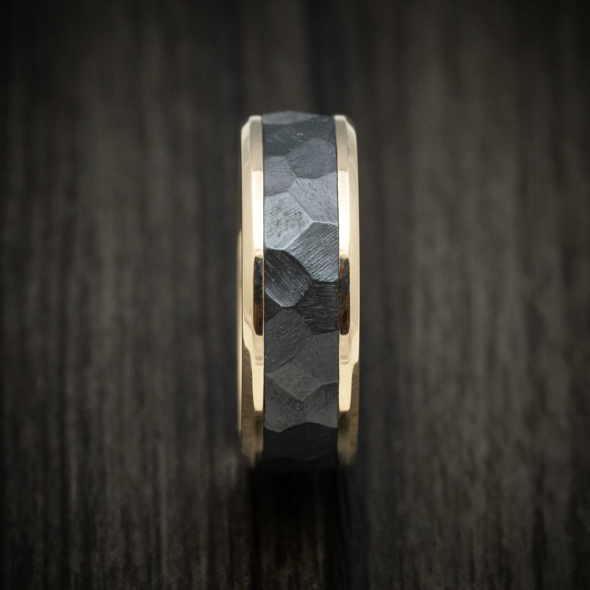 Bastion XVII - Yellow Gold Men's Wedding Ring with Black Zirconium Rock Finish Inlay - view 3 - Nura Lab