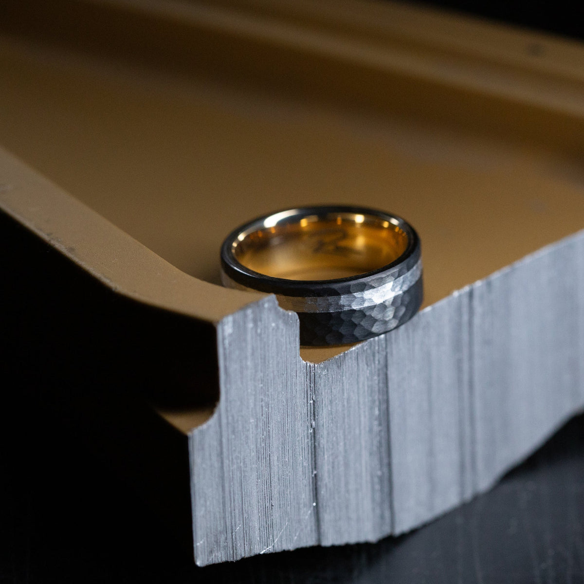 Timber XIV - Darkened Tantalum Wedding Ring with Supercar Ron Authentic Supercar Wheel Inlay and 10K Gold Sleeve - view 9 - Nura Lab