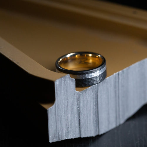 Timber XIV - Darkened Tantalum Wedding Ring with Supercar Ron Authentic Supercar Wheel Inlay and 10K Gold Sleeve - view 9 - Nura Lab