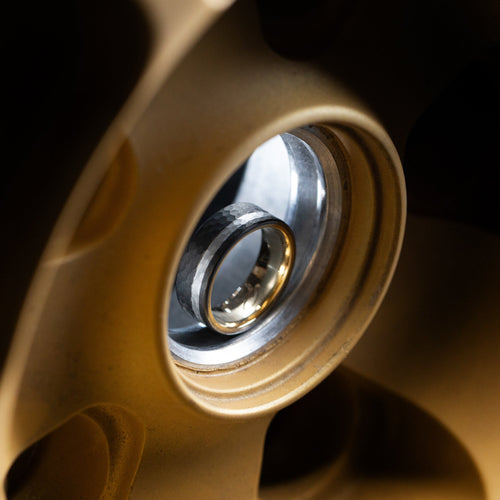 Timber XIV - Darkened Tantalum Wedding Ring with Supercar Ron Authentic Supercar Wheel Inlay and 10K Gold Sleeve - view 7 - Nura Lab