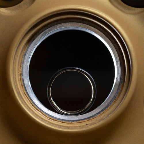 Timber XIV - Darkened Tantalum Wedding Ring with Supercar Ron Authentic Supercar Wheel Inlay and 10K Gold Sleeve - view 10 - Nura Lab