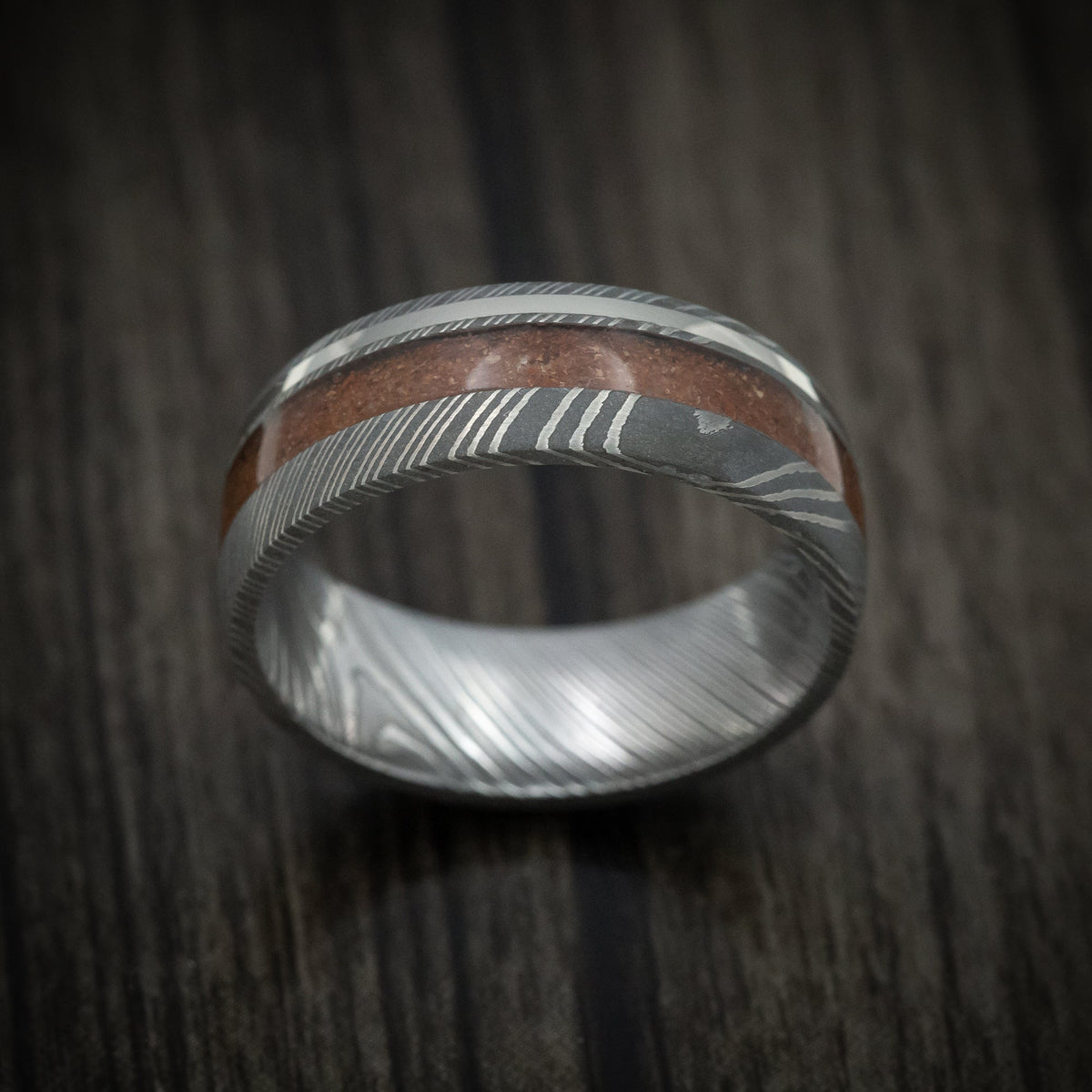 Caesar X - Damascus Steel Men's Wedding Ring with Dinosaur Bone and 14K Gold Inlay Band - view 2 - Nura Lab