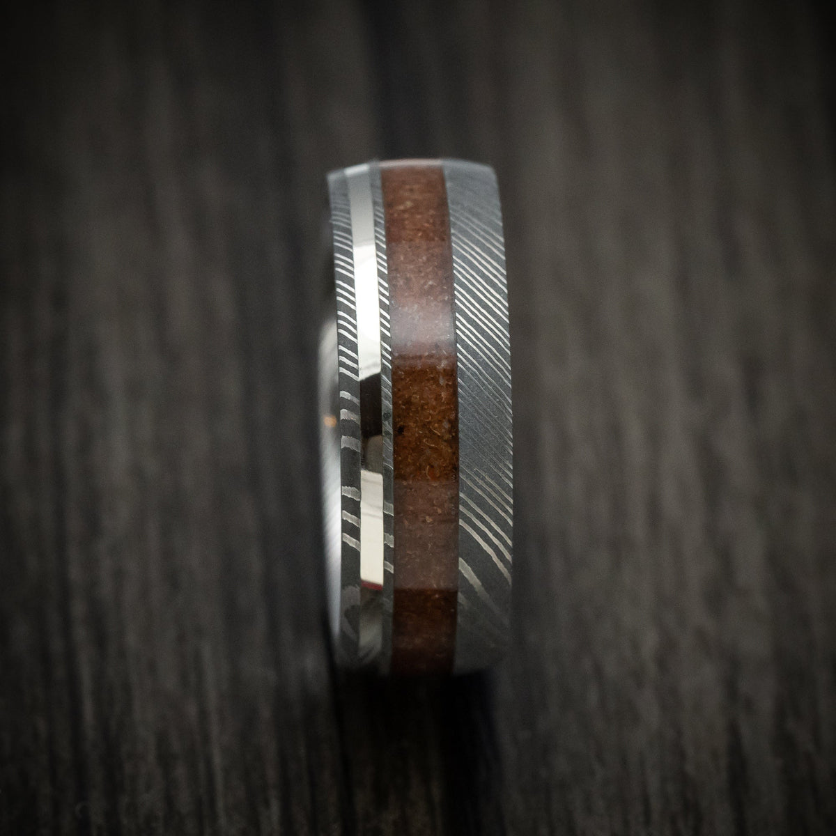 Caesar X - Damascus Steel Men's Wedding Ring with Dinosaur Bone and 14K Gold Inlay Band - view 3 - Nura Lab
