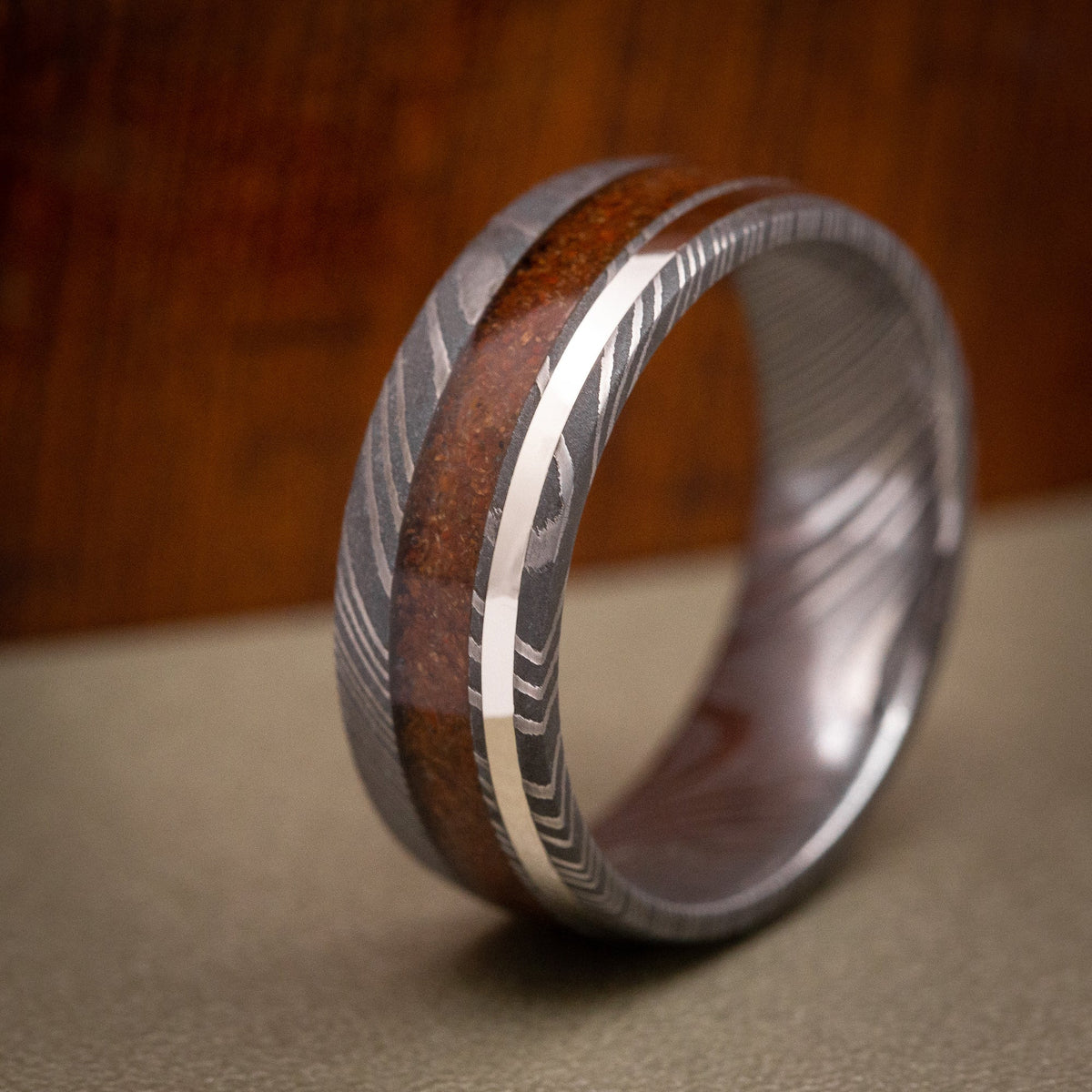 Caesar X - Damascus Steel Men's Wedding Ring with Dinosaur Bone and 14K Gold Inlay Band - view 5 - Nura Lab
