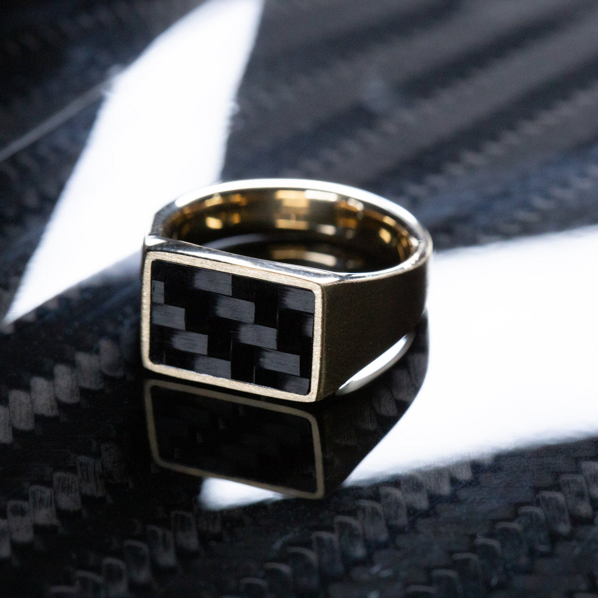 Alpine XV - 10K Gold Signet Wedding Ring with Supercar Ron Authentic Hypercar Carbon Fiber Inlay - view 7 - Nura Lab