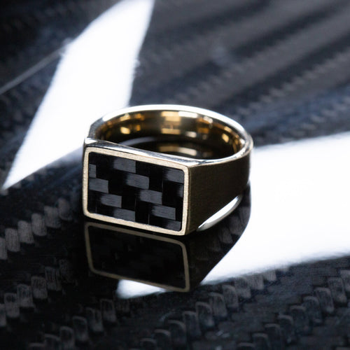 Alpine XV - 10K Gold Signet Wedding Ring with Supercar Ron Authentic Hypercar Carbon Fiber Inlay - view 7 - Nura Lab