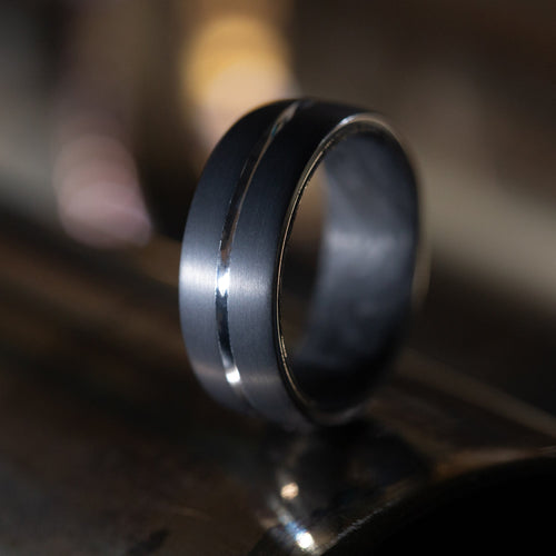 Coal XIII - Darkened Tantalum Wedding Ring with Supercar Ron Authentic Supercar Exhaust Inlay and Forged Carbon Fiber Sleeve - view 8 - Nura Lab