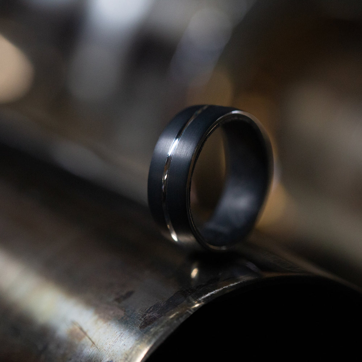 Coal XIII - Darkened Tantalum Wedding Ring with Supercar Ron Authentic Supercar Exhaust Inlay and Forged Carbon Fiber Sleeve - view 9 - Nura Lab