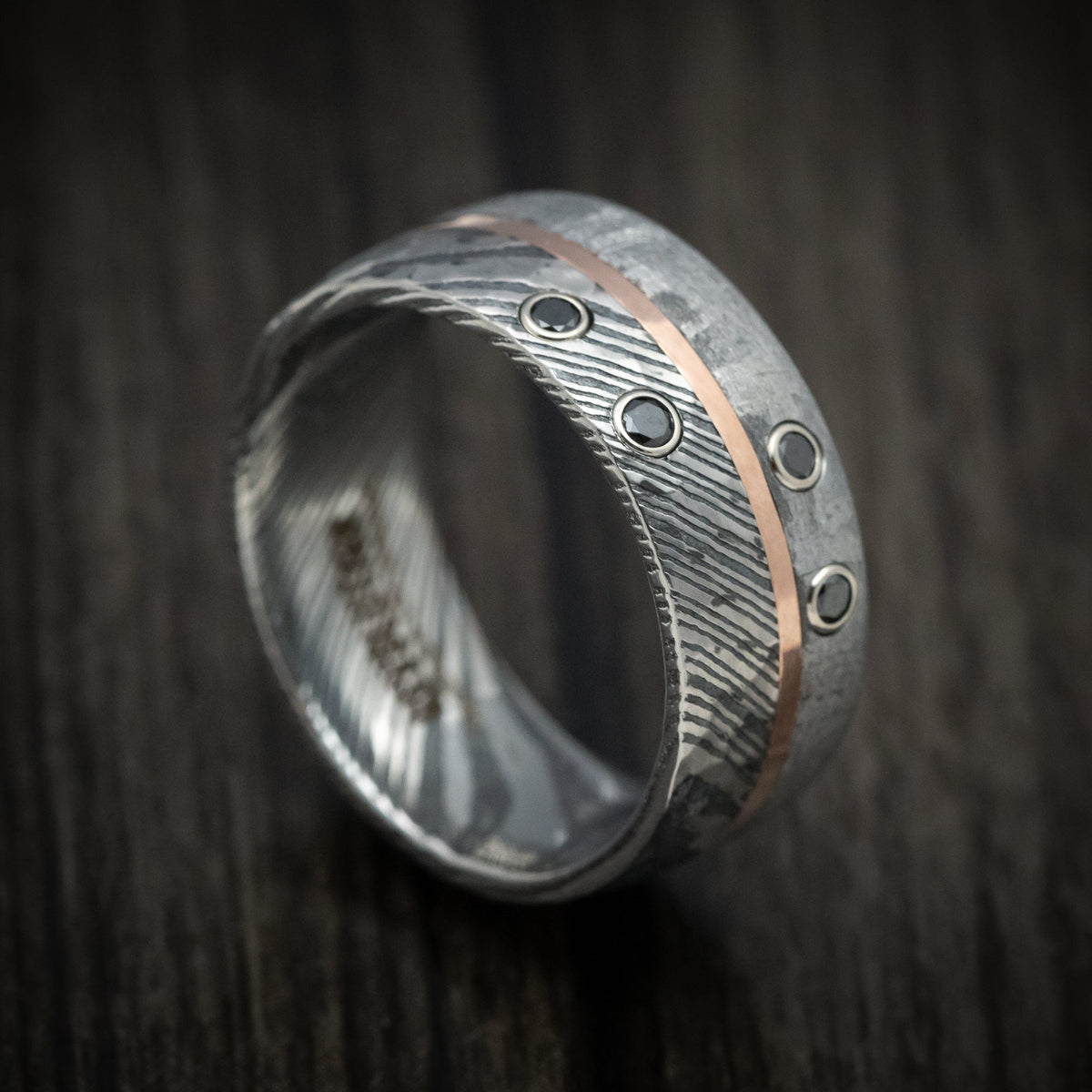 Knight X - Kuro Damascus Steel Meteorite Men's Wedding Ring with Gold and Black Diamonds Band - Nura Lab