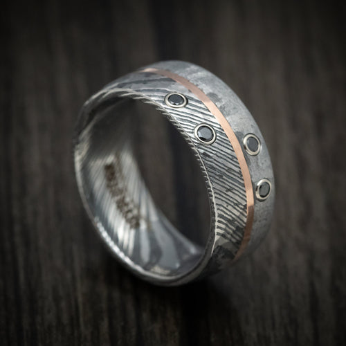 Knight X - Kuro Damascus Steel Meteorite Men's Wedding Ring with Gold and Black Diamonds Band - Nura Lab