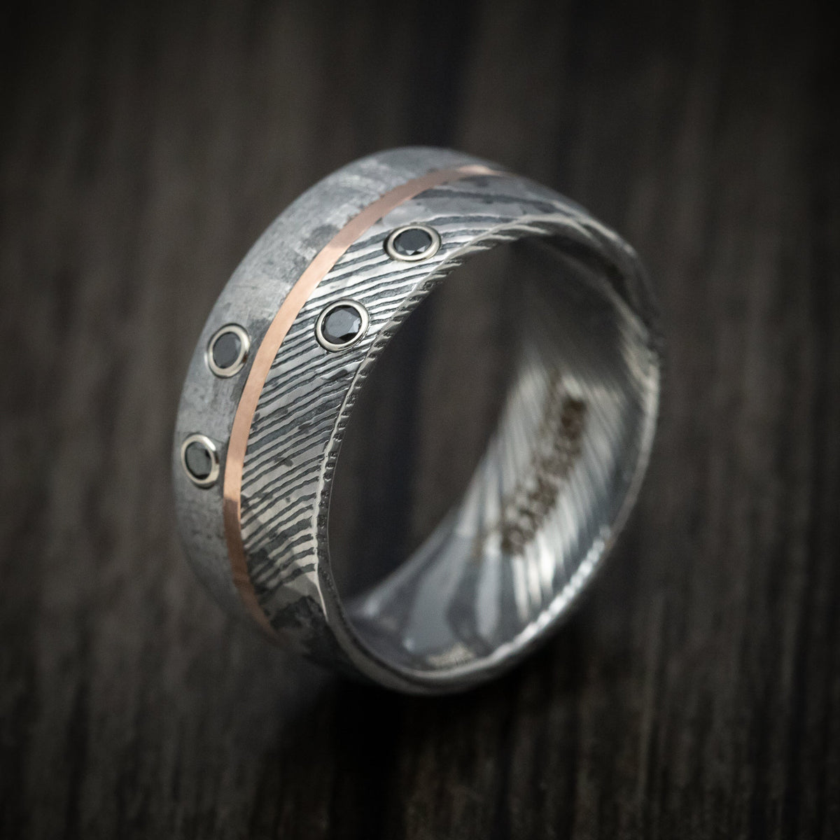 Knight X - Kuro Damascus Steel Meteorite Men's Wedding Ring with Gold and Black Diamonds Band - view 4 - Nura Lab