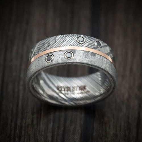 Knight X - Kuro Damascus Steel Meteorite Men's Wedding Ring with Gold and Black Diamonds Band - view 2 - Nura Lab