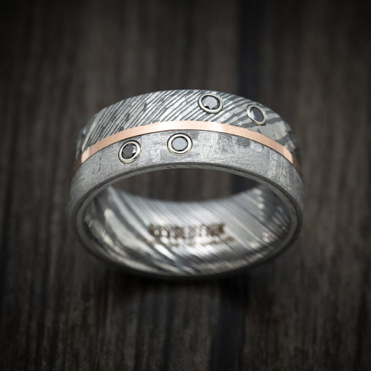 Knight X - Kuro Damascus Steel Meteorite Men's Wedding Ring with Gold and Black Diamonds Band - view 2 - Nura Lab