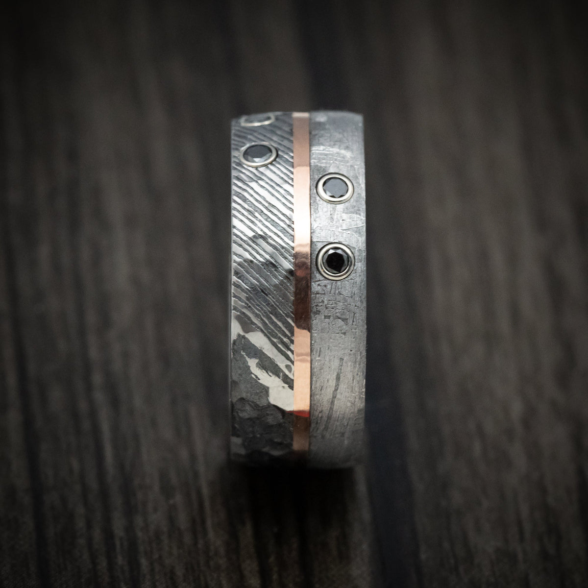 Knight X - Kuro Damascus Steel Meteorite Men's Wedding Ring with Gold and Black Diamonds Band - view 3 - Nura Lab