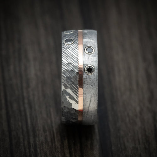 Knight X - Kuro Damascus Steel Meteorite Men's Wedding Ring with Gold and Black Diamonds Band - view 3 - Nura Lab