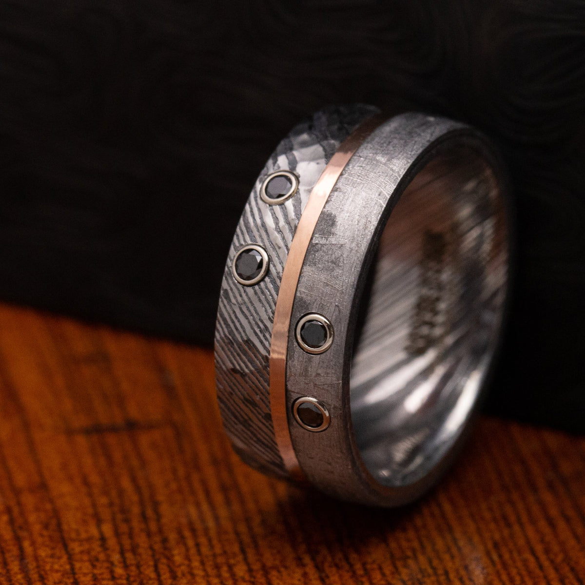 Knight X - Kuro Damascus Steel Meteorite Men's Wedding Ring with Gold and Black Diamonds Band - view 5 - Nura Lab