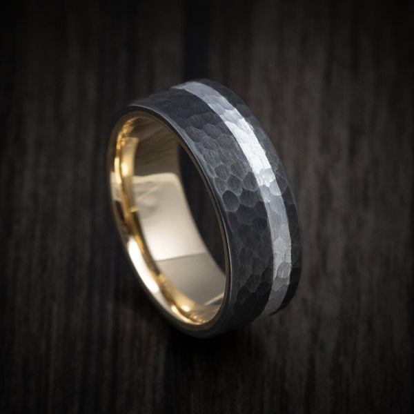 Empire XIII - Darkened Tantalum Wedding Ring with Supercar Ron Wheel Inlay and 10K Gold Sleeve - Choose Your Wheel