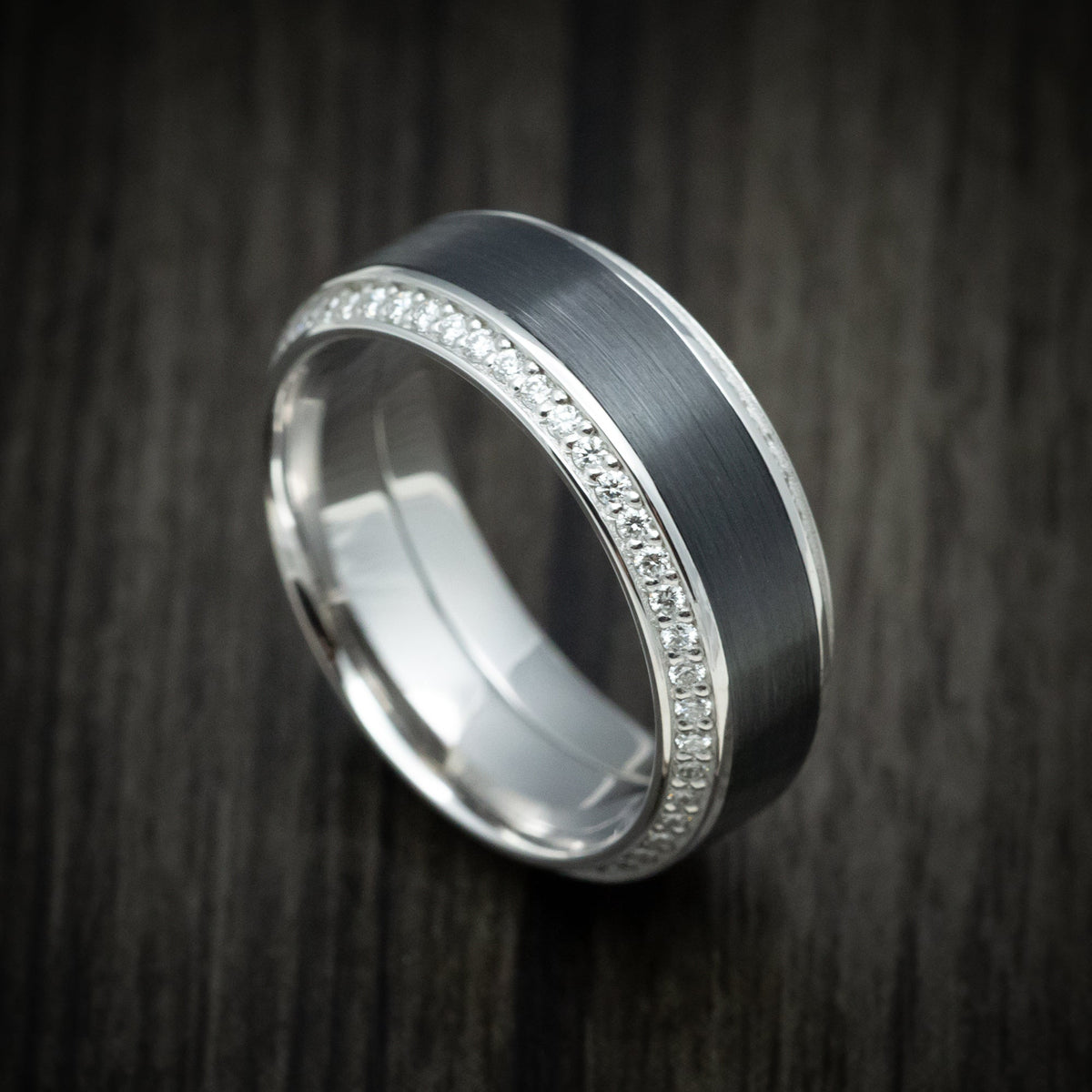 Valor XVIII - 14K White Gold Men's Wedding Ring with Black Zirconium Inlay and Eternity Bevel Lab Diamonds - Nura Lab