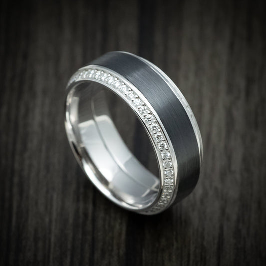 Valor XVIII - 14K White Gold Men's Wedding Ring with Black Zirconium Inlay and Eternity Bevel Lab Diamonds - Nura Lab