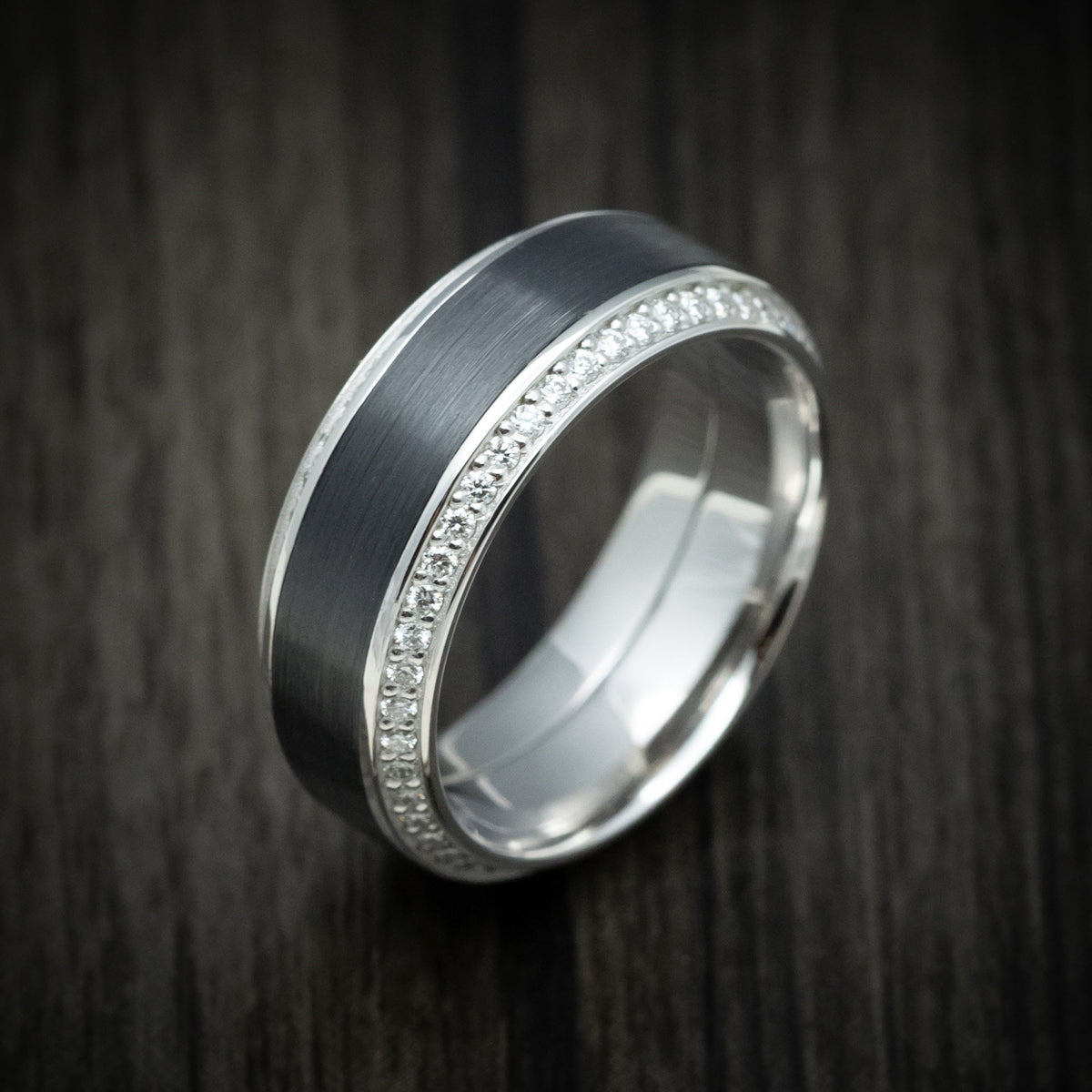Valor XVIII - 14K White Gold Men's Wedding Ring with Black Zirconium Inlay and Eternity Bevel Lab Diamonds - view 4 - Nura Lab
