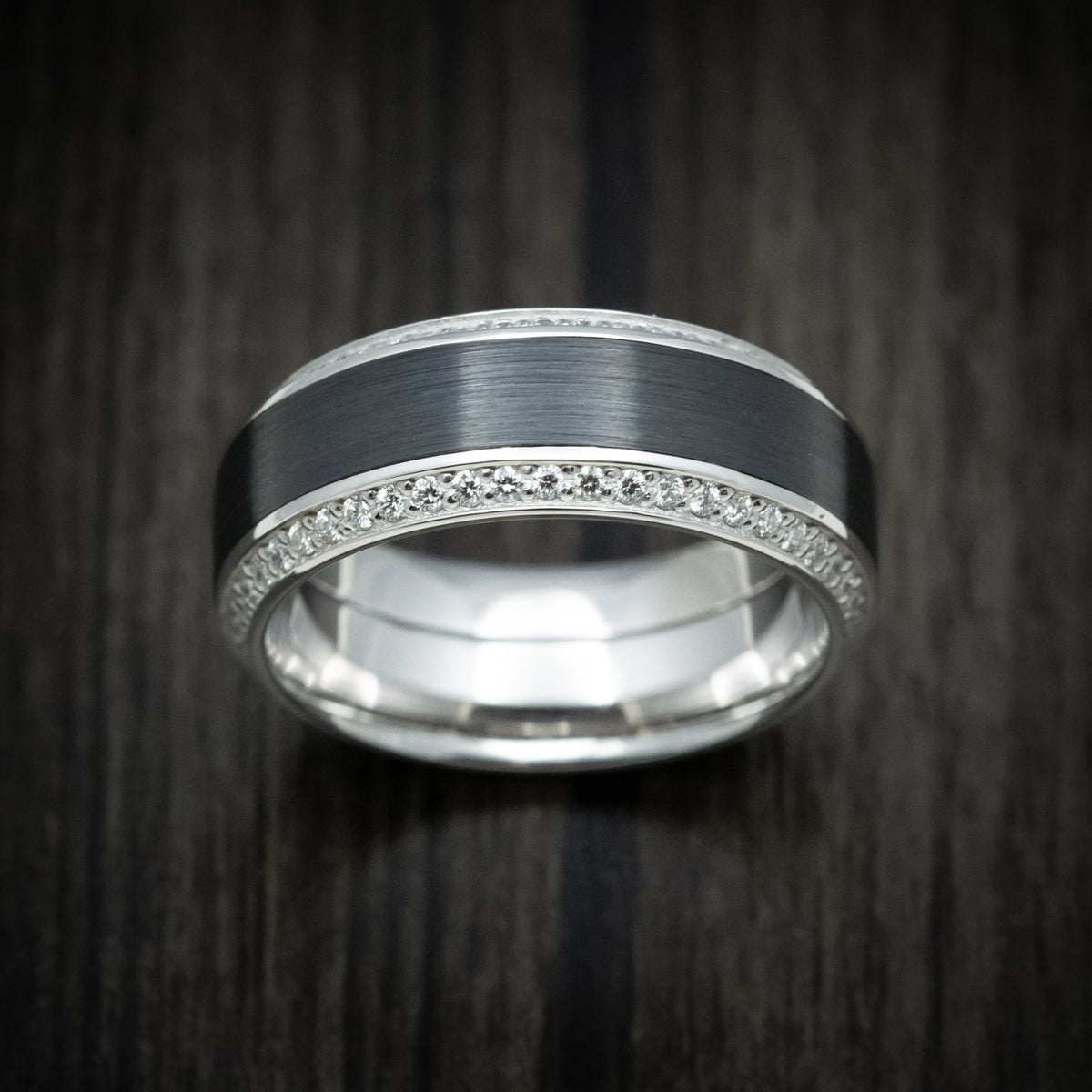 Valor XVIII - 14K White Gold Men's Wedding Ring with Black Zirconium Inlay and Eternity Bevel Lab Diamonds - view 2 - Nura Lab