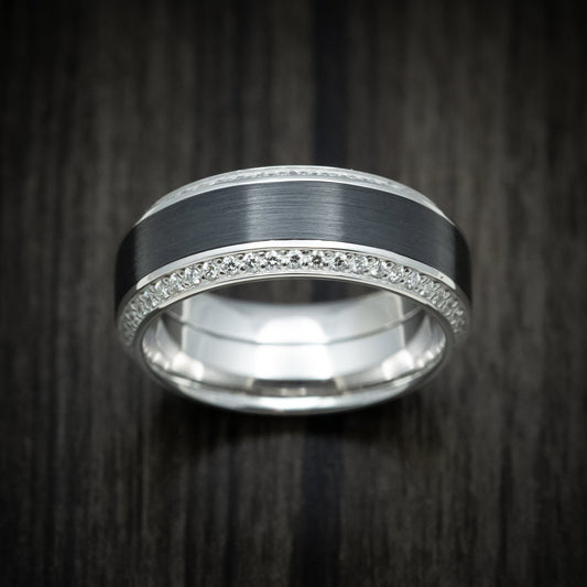Valor XVIII - 14K White Gold Men's Wedding Ring with Black Zirconium Inlay and Eternity Bevel Lab Diamonds - view 2 - Nura Lab