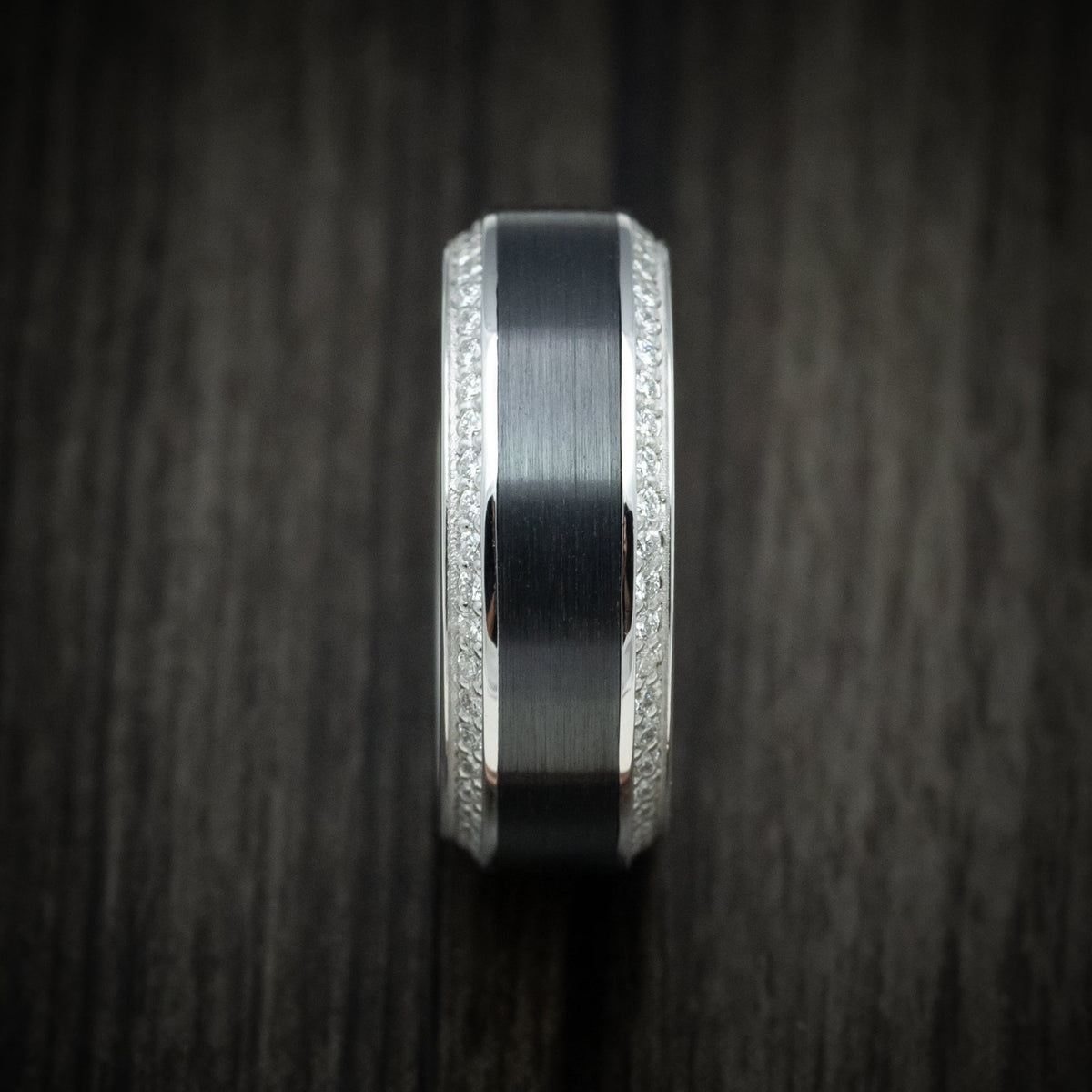Valor XVIII - 14K White Gold Men's Wedding Ring with Black Zirconium Inlay and Eternity Bevel Lab Diamonds - view 3 - Nura Lab