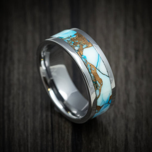 Falcon XVI - Tungsten Men's Wedding Ring with Blue and White Dolamite Stone and Bronze Inlay - Nura Lab