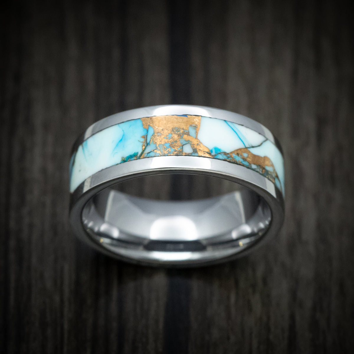 Falcon XVI - Tungsten Men's Wedding Ring with Blue and White Dolamite Stone and Bronze Inlay - view 2 - Nura Lab