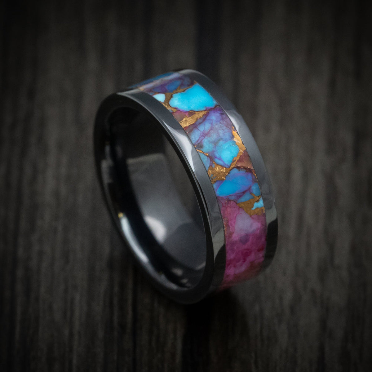Regent XVII - Black Ceramic Men's Wedding Ring with Purple Spiny Oyster with Turquoise Stone and Bronze Inlay - Nura Lab