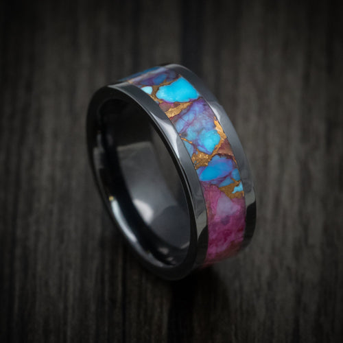 Regent XVII - Black Ceramic Men's Wedding Ring with Purple Spiny Oyster with Turquoise Stone and Bronze Inlay - Nura Lab