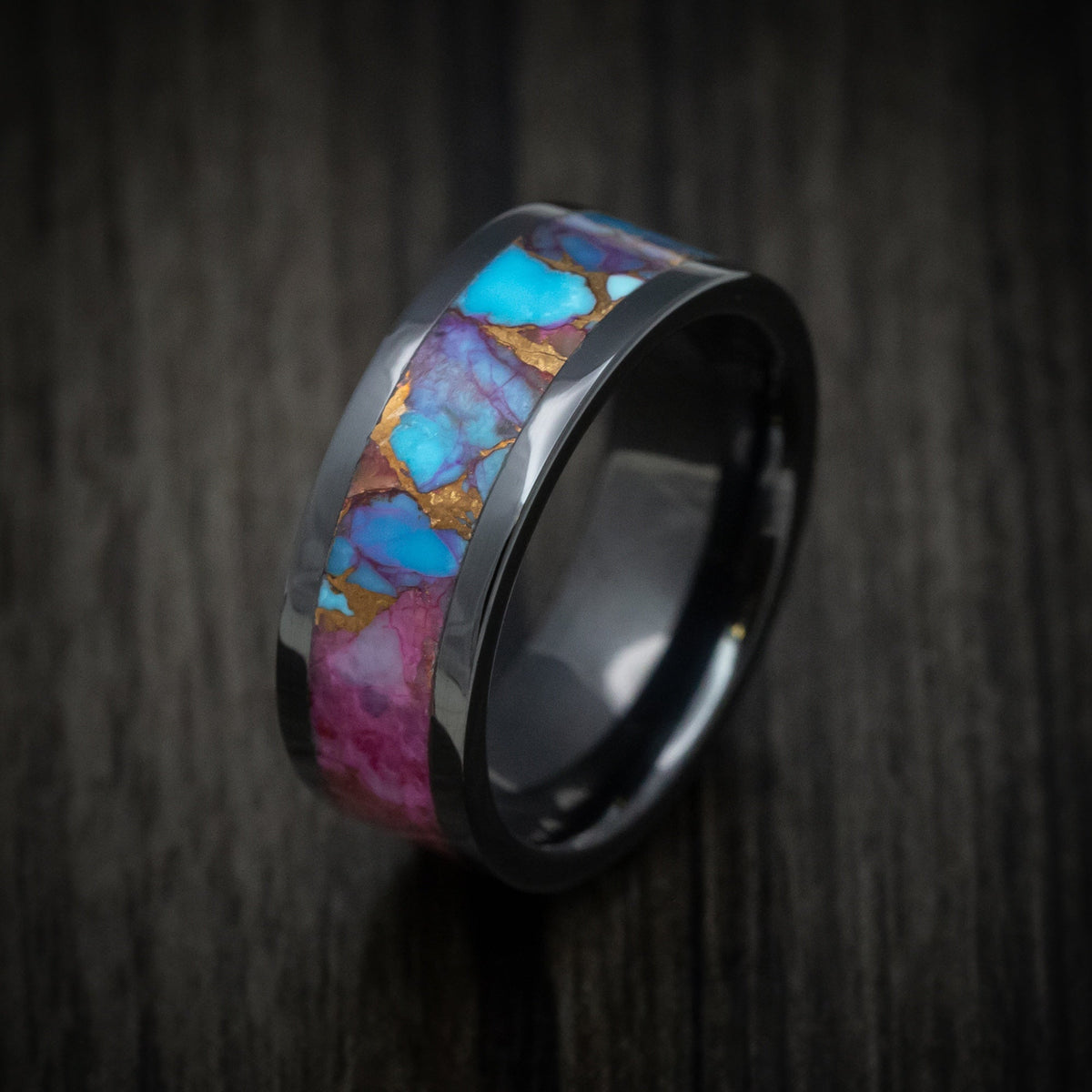 Regent XVII - Black Ceramic Men's Wedding Ring with Purple Spiny Oyster with Turquoise Stone and Bronze Inlay - view 3 - Nura Lab