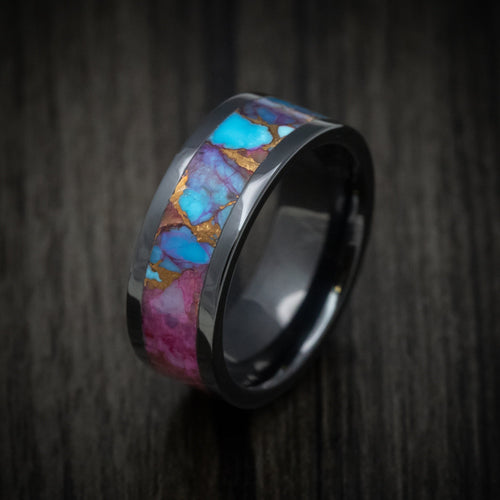 Regent XVII - Black Ceramic Men's Wedding Ring with Purple Spiny Oyster with Turquoise Stone and Bronze Inlay - view 3 - Nura Lab