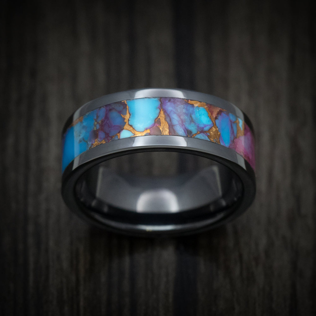 Regent XVII - Black Ceramic Men's Wedding Ring with Purple Spiny Oyster with Turquoise Stone and Bronze Inlay - view 2 - Nura Lab