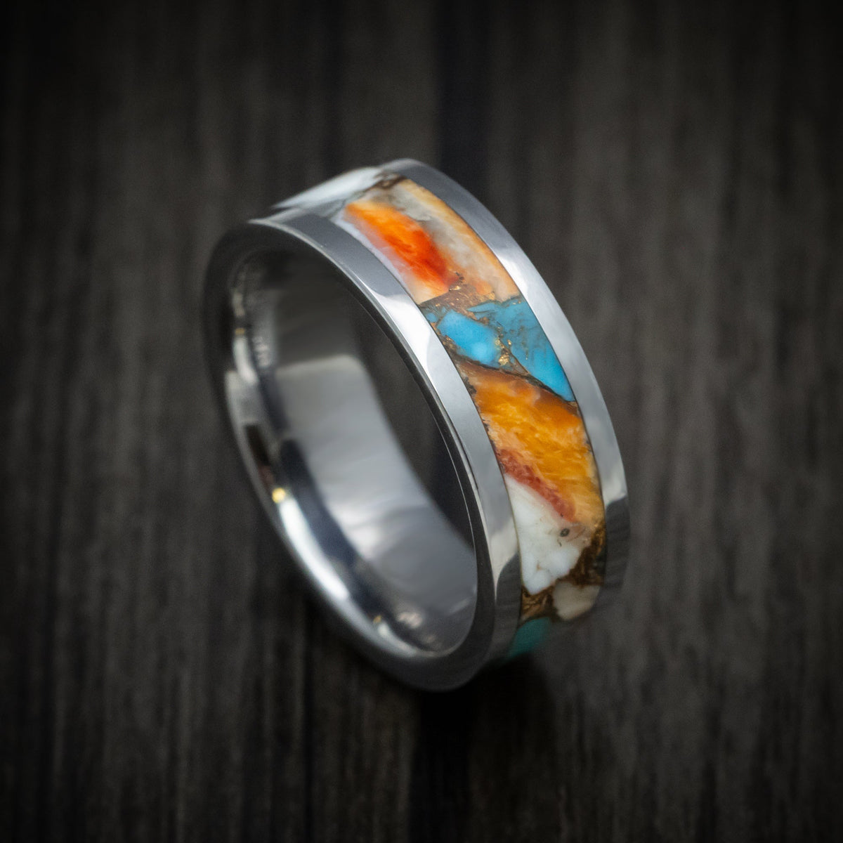 Resolute XVI - Tungsten Men's Wedding Ring with Spiny Oyster with Turquoise Stone and Bronze Inlay - Nura Lab