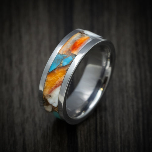 Resolute XVI - Tungsten Men's Wedding Ring with Spiny Oyster with Turquoise Stone and Bronze Inlay - view 3 - Nura Lab