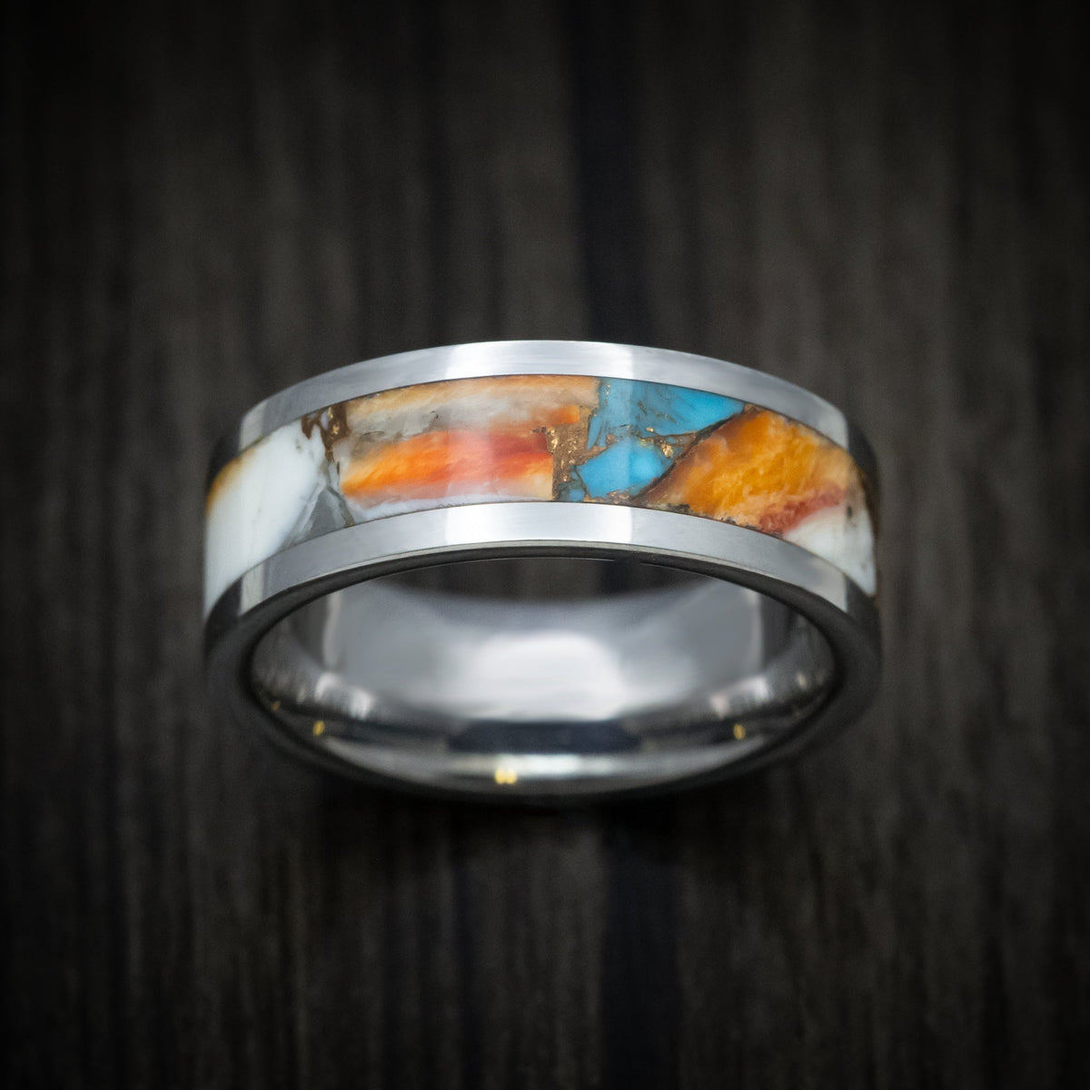 Resolute XVI - Tungsten Men's Wedding Ring with Spiny Oyster with Turquoise Stone and Bronze Inlay - view 2 - Nura Lab
