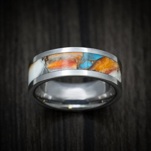 Resolute XVI - Tungsten Men's Wedding Ring with Spiny Oyster with Turquoise Stone and Bronze Inlay - view 2 - Nura Lab