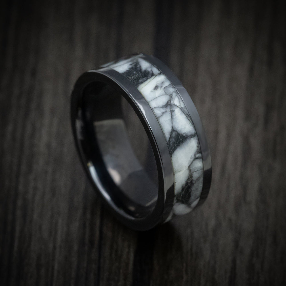 Sovereign XVII - Black Ceramic Men's Wedding Ring with Pinolite Stone Inlay - Nura Lab