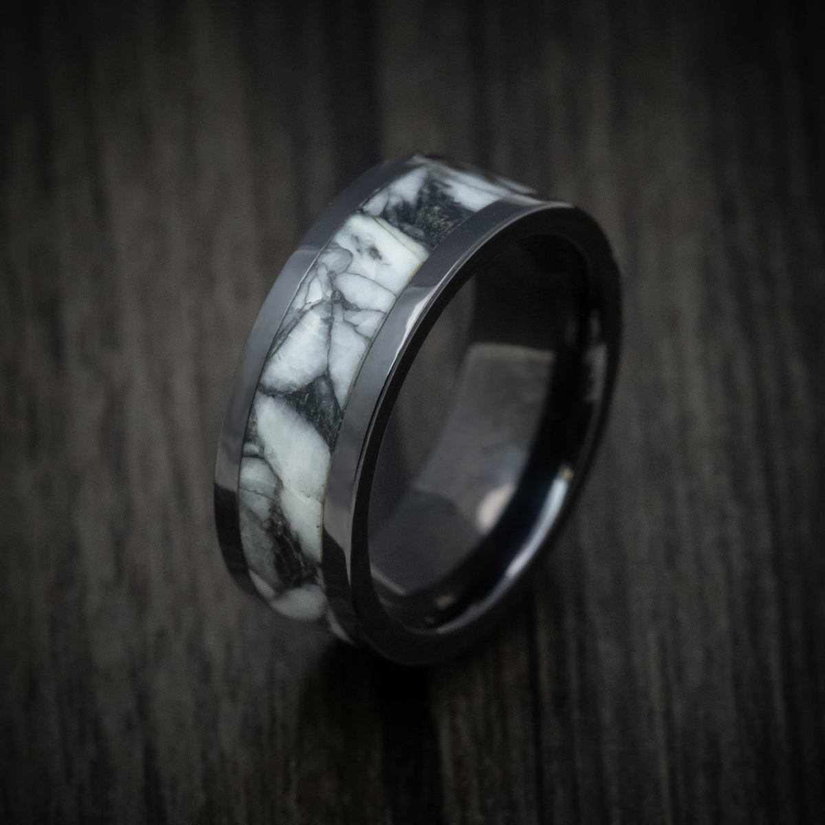 Sovereign XVII - Black Ceramic Men's Wedding Ring with Pinolite Stone Inlay - view 3 - Nura Lab