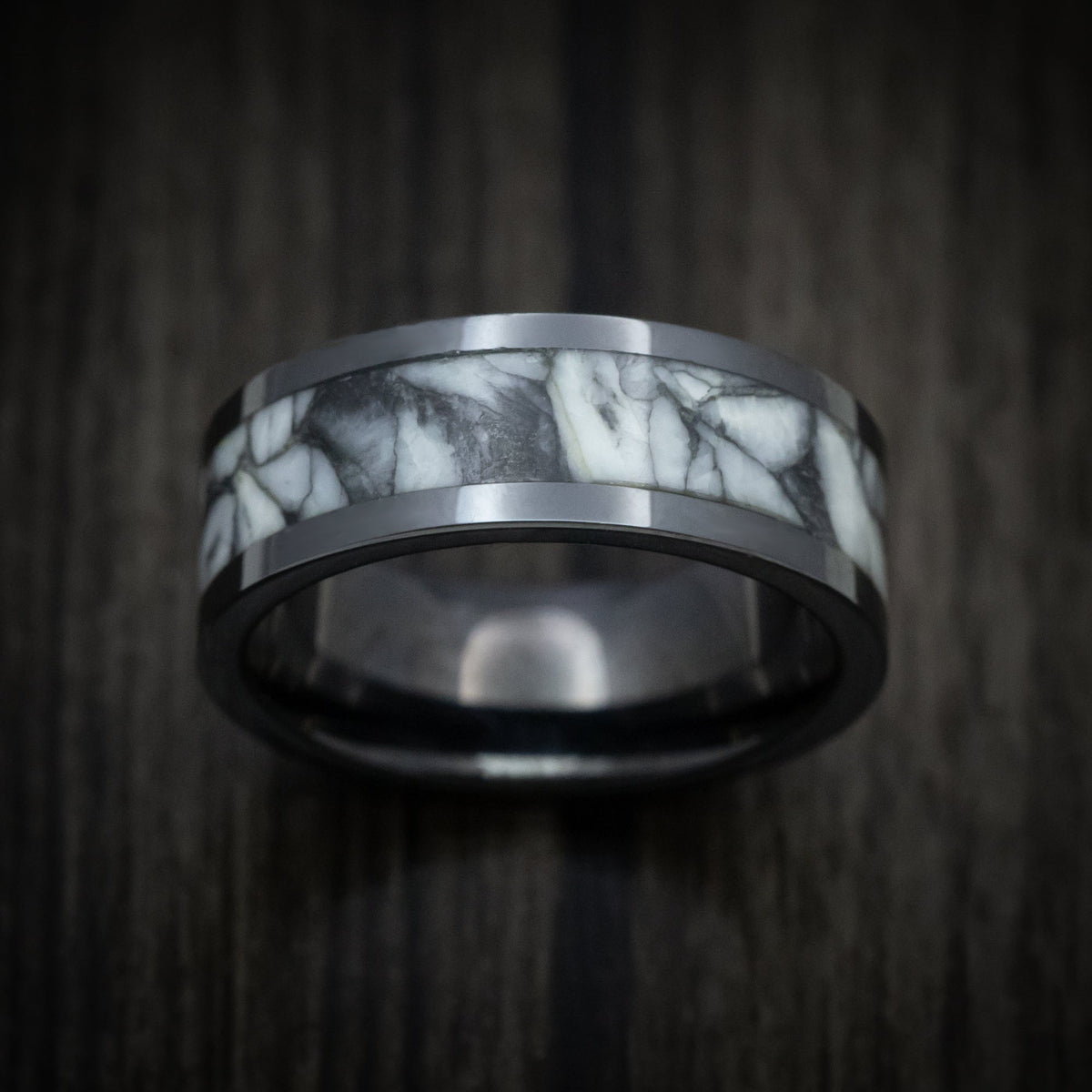 Sovereign XVII - Black Ceramic Men's Wedding Ring with Pinolite Stone Inlay - view 2 - Nura Lab
