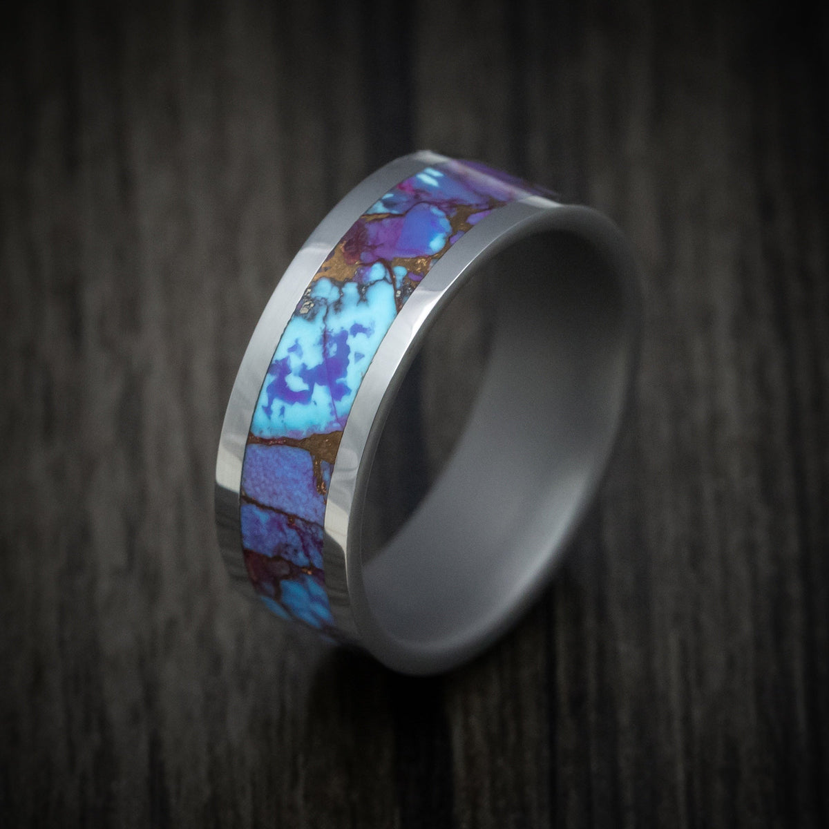 Hunter XVI - Tungsten Men's Wedding Ring with Turquoise and Purple Turquoise Stone and Bronze Inlay - view 3 - Nura Lab