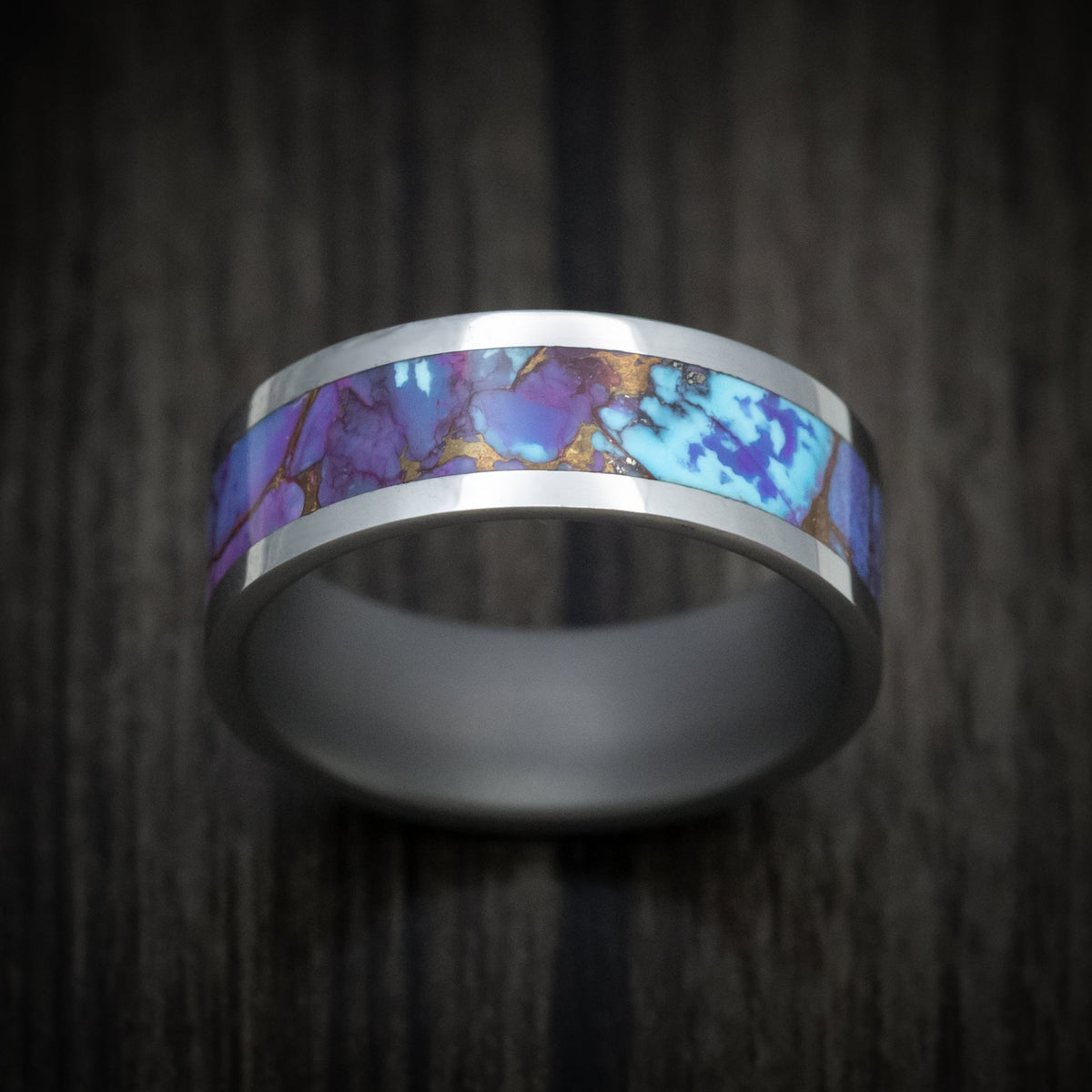 Hunter XVI - Tungsten Men's Wedding Ring with Turquoise and Purple Turquoise Stone and Bronze Inlay - view 2 - Nura Lab