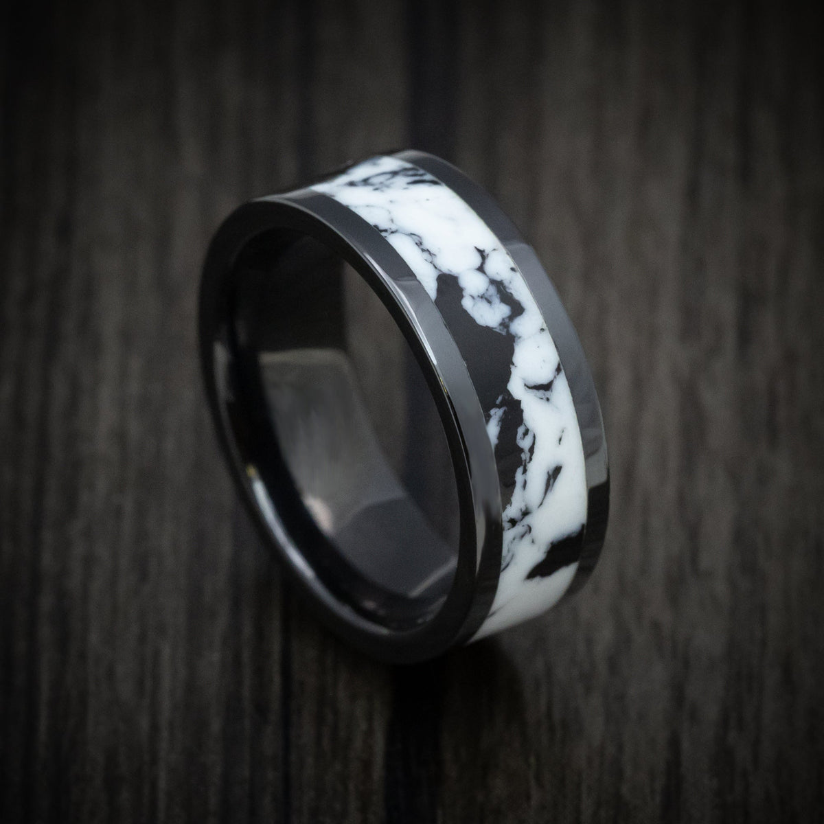 Outrider XVII - Black Ceramic Men's Wedding Ring with White Buffalo Turquoise Stone Inlay - Nura Lab