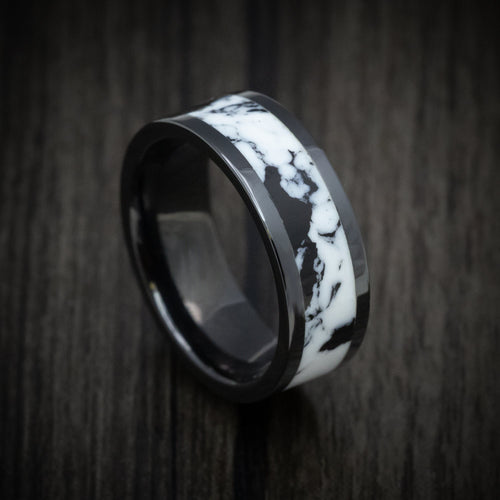 Outrider XVII - Black Ceramic Men's Wedding Ring with White Buffalo Turquoise Stone Inlay - Nura Lab